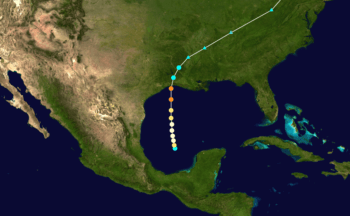 This map shows the path and the growing intensity of Hurricane Audrey, a storm that formed in the Gulf of Mexico and struck the Texas coast in 1957.