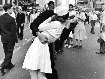 Alfred Eisenstaedt’s iconic “V-J Day in Times Square” photo depicting a sailor kissing a woman on the street