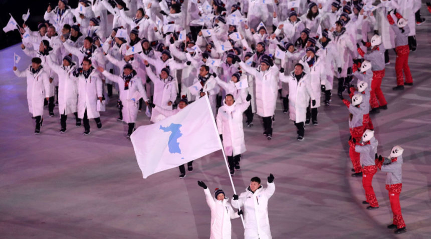 Flag bearers Chung Guam Hwang and Yunjong Won of Republic of Korea leads the team during the Opening Ceremony of the PyeongChang 2018 Winter Olympic Games at PyeongChang Olympic Stadium on February 9, 2018 in Pyeongchang-gun, South Korea. (Maddie Meyer/Getty Images)