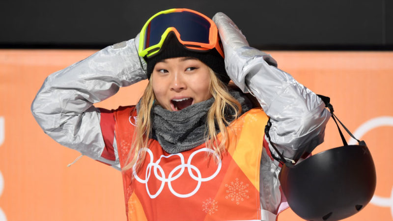 Chloe Kim of the United States reacts to her first run score during the Snowboard Ladies' Halfpipe Final on day four of the PyeongChang 2018 Winter Olympic Games at Phoenix Snow Park on February 13, 2018 in Pyeongchang-gun, South Korea.