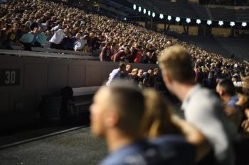 Texas A&M students take part in the Aggie War Hymn during Midnight Yell. (Mark Guerrero/Texas A&M Marketing & Communications)