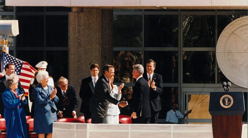 Former U.S. Presidents and First Ladies gather at the grand opening of the George H.W. Bush Presidential Library and Museum. (Texas A&M Marketing & Communications)