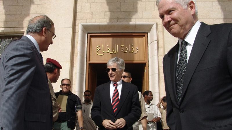 US Defense Secretary Robert Gates (R) and US Ambassador to Iraq Ryan Crocker (C) exit the Iraqi Defence Ministry after meeting with Iraqi Minister of Defence Abdel Qader al-Obeidi at the Iraqi Defence Ministry, April 20, 2007, in Baghdad, Iraq. (Mustafa Ahmed-Pool/Getty Images)