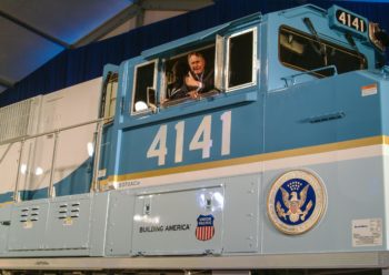 George and Barbara Bush inside the cab of UP locomotive No. 4141 at it's 2005 unveiling. (Union Pacific)