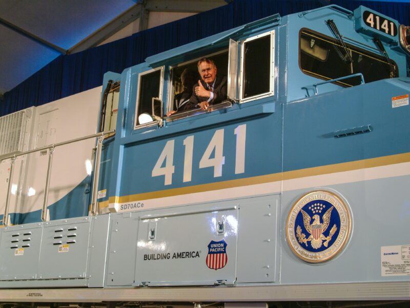 George and Barbara Bush inside the cab of UP locomotive No. 4141 at it's 2005 unveiling. (Union Pacific)