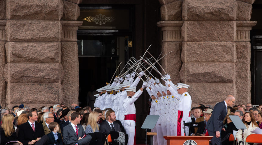 Members of the Corps of Cadets take part in inauguration ceremonies at the Texas Capitol.