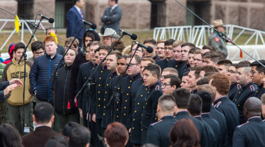 Members of the Corps of Cadets take part in inauguration ceremonies at the Texas Capitol.