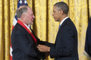 President Barack Obama presents a 2012 National Humanities Medal to political scientist and professor Robert Putnam.