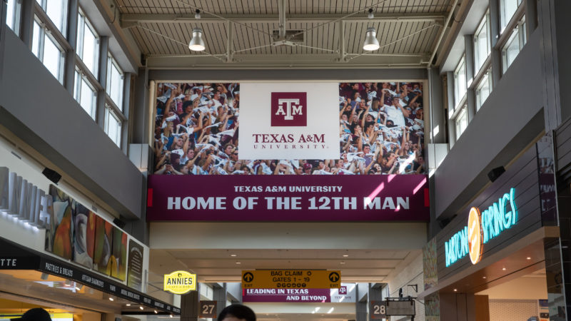 Texas A&M’s takeover of Austin-Bergstrom Airport features more than 70 digital and print ads and runs through March 24.
