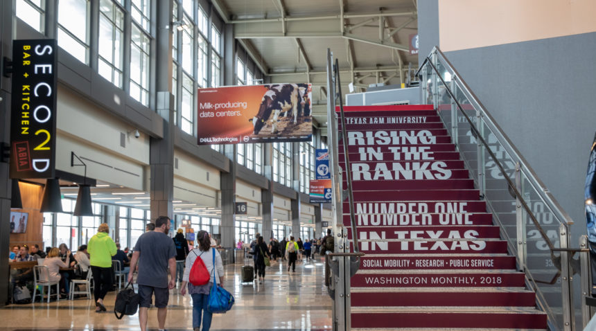 Texas A&M’s takeover of Austin-Bergstrom Airport features more than 70 digital and print ads and runs through March 24.