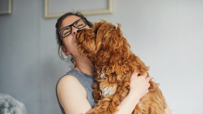 Woman getting a kiss from her pet dog
