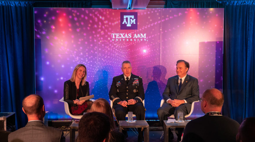 The Reimagining Public & Private Partnerships panel at Texas A&M [Power] House during SXSW featured Army Futures Command Gen. John M. Murray, Texas A&M System Chancellor John Sharp and Texas Tribune Editor-In-Chief Emily Ramshaw.