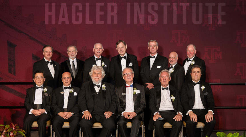 Texas A&M University System Chancellor John Sharp, Texas A&M University President Michael K. Young and (Poor) Hagler Institute for Advanced Study Founding Director John L. Junkins (back-l-r) welcome the Institute’s nine Faculty Fellows and Distinguished Lecturer for the Class of 2018-19. (front row-l-r) Yonggang Huang, Vanderlei Salvador Bagnato, William G Unruh, Stefan H.E. Kaufmann, Michael J. Duff and Andrea Rinaldo. (back row-r-l): Robert D. Putnam, Joseph William Singer, Cameron Jones and (Junkins) H. Vincent Poor.