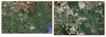 (Bottom) The researchers’ sampling stations (yellow), relative to the city of Houston, the ITC facility in Deer Park, and Texas A&M Galveston (magenta). (Top) This map shows how water flows down Buffalo Bayou, past ITC, through the Houston Shipping Channel, and out to Galveston Bay and the Gulf of Mexico. 
