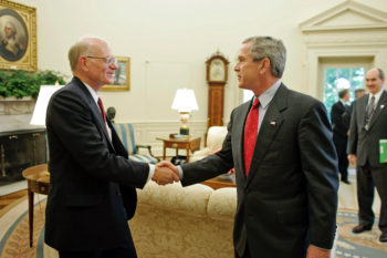 WASHINGTON - JULY 20: President George W. Bush and U.S. Ambassador to Afghanistan Ronald Neumann shake hands in the Oval Office of the White House July 20, 2005 in Washington, DC. (Photo by Paul Morse/White House via Getty Images)
