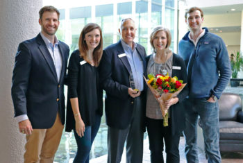 (From left) Grant Castleberry, Mary Beth Abbott, Preston Abbott, Susan Abbott and Andrew Abbott following the surprise Parents of the Year announcement at the Omni Hotel Westside in Houston.