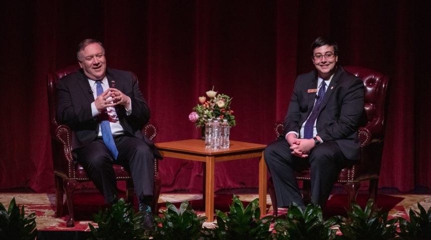 Secretary of State Mike Pompeo fields questions from the audience following his Wiley Lecture Series talk on diplomacy.