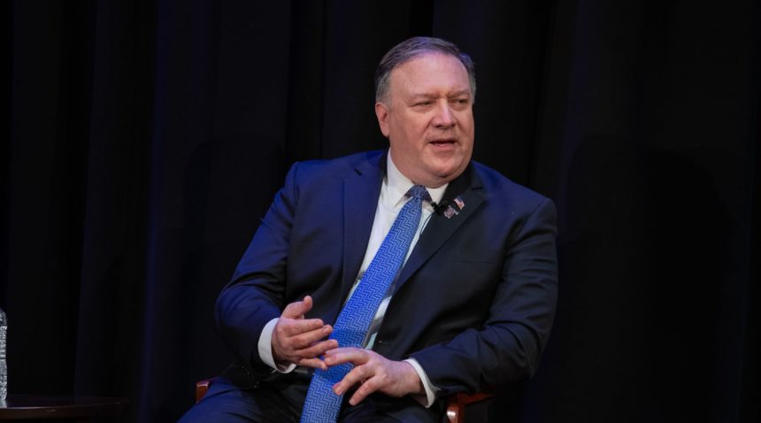Secretary of State Mike Pompeo fields questions from the audience following his Wiley Lecture Series talk on diplomacy.