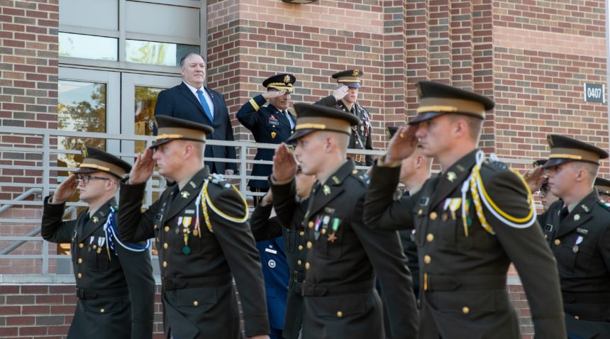 Secretary of State Mike Pompeo reviews the Texas A&M Corps of Cadets with Corps Commandant Gen. Joe Ramirez.
