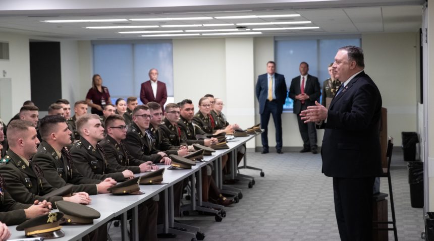 Secretary of State Mike Pompeo met with members of the Texas A&M Corps of Cadets during his visit to Texas A&M University.