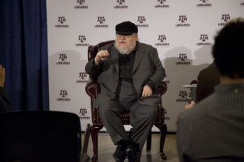 George R.R. Martin takes questions from media before presenting “The Hobbit” at Rudder Auditorium in 2015.