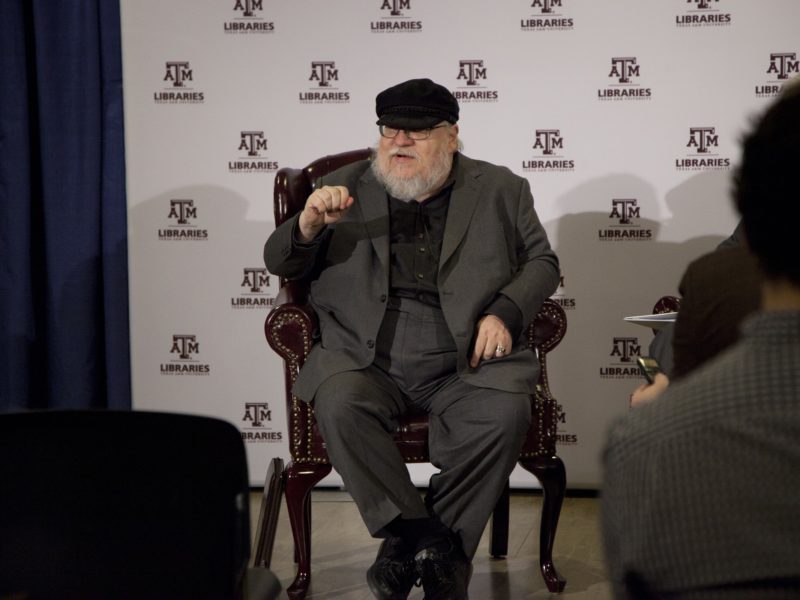 George R.R. Martin takes questions from media before presenting “The Hobbit” at Rudder Auditorium in 2015.