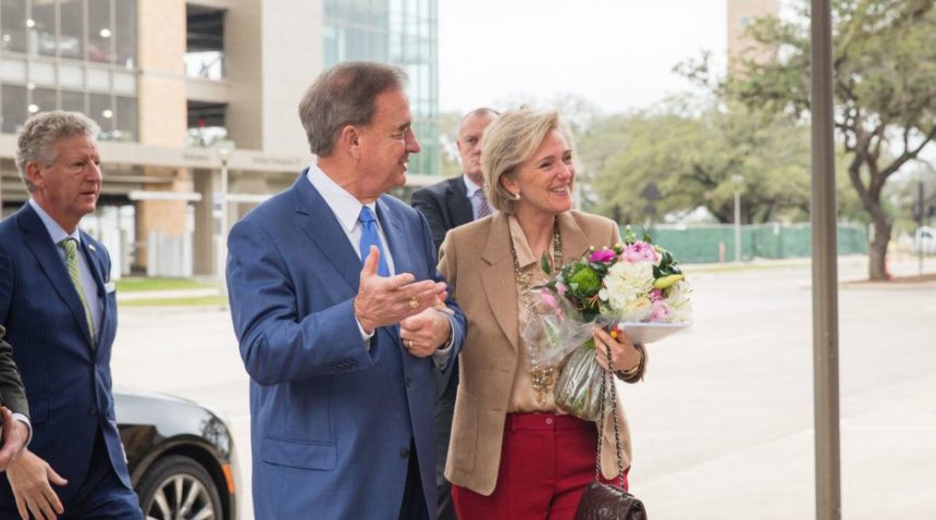 Texas A&M University System Chancellor John Sharp welcomes Princess Astrid of Belgium to Texas A&M’s Memorial Student Center.