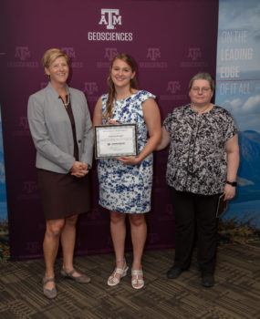 Victoria Scriven receiving the first Excellence in Oceanography Award. Pictured with Dr. Debbie Thomas, dean of the College of Geosciences, and Dr. Shari Yvon-Lewis, Head of the Department of Oceanography.