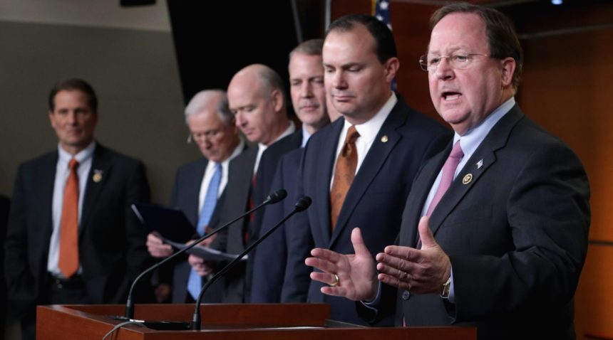 Rep. Bill Flores (R-TX) speaks during news conference where a bicameral group of Congressional Republicans called for Senate Democrats to vote on funding for the Department of Homeland Security February 12, 2015 in Washington, DC.