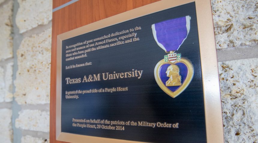 Plaque commemorating Texas A&M's designation as a Purple Heart University