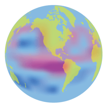 The dark areas show El Niño patterns, where warm waters tend to influence weather across the world.