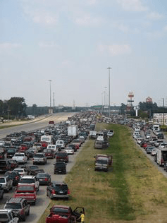 Evacuation from Houston, TX ahead of Hurricane Rita in 2005. Traffic flow has been reversed on the left side of the highway so that all lanes lead out of town