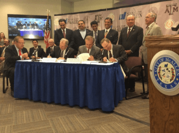 Letter-of-intent signing ceremony – (from left) Hidalgo County Judge Ramon Garcia, Texas A&M University President Michael K. Young, Texas A&M System Chancellor John Sharp and McAllen Mayor James “Jim” Darling.