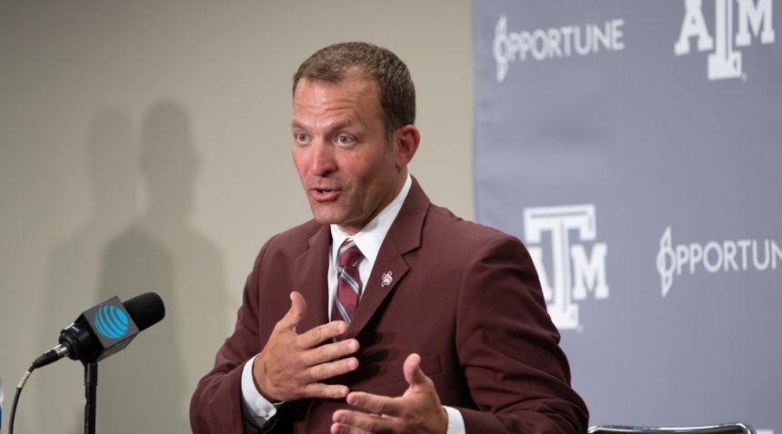 Texas A&M Athletic Director Ross Bjork fields questions from media following a welcome event at Kyle Field.