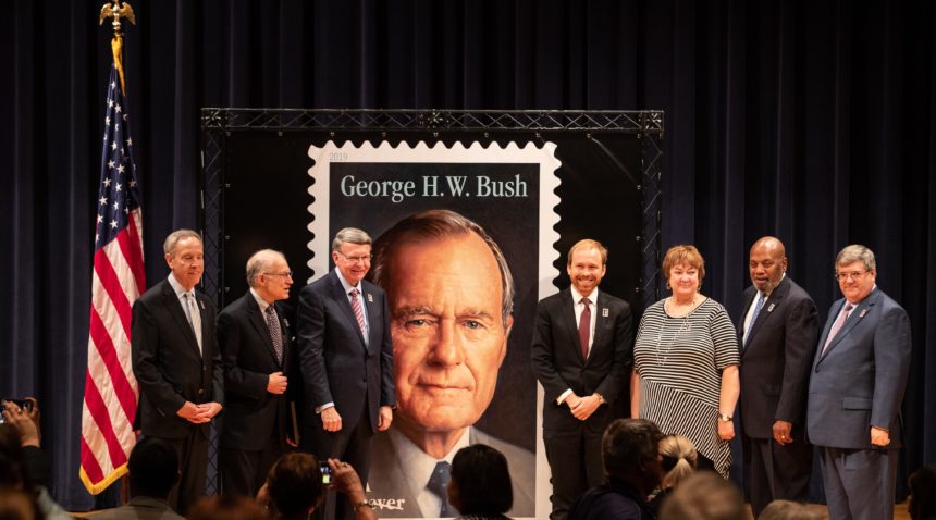 The United States Postal Service Forever stamp honoring President George H.W. Bush was presented during a first-day-of-issue ceremony at the Annenberg Presidential Conference Center.