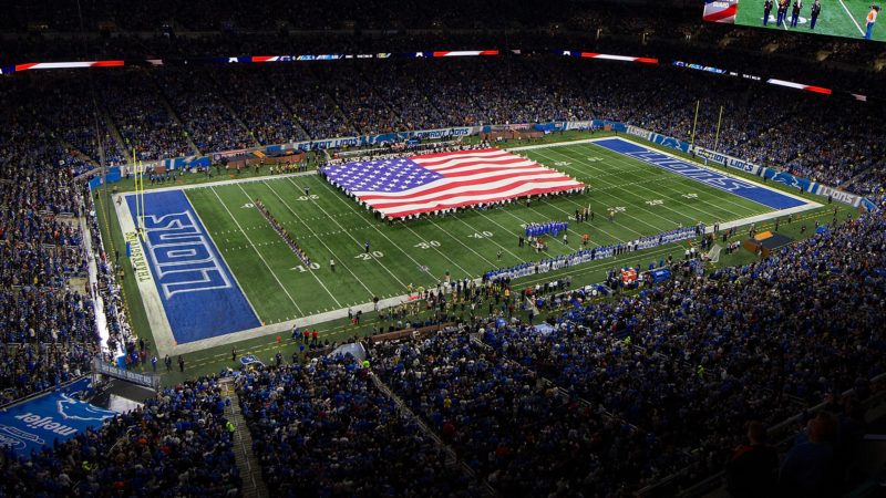 DETROIT, MI - NOVEMBER 22: The American Flag is displayed during The National Anthem prior to an NFL game between the Detroit Lions and the Chicago Bears at Ford Field on November 22, 2018 in Detroit, Michigan. (Photo by Dave Reginek/Getty Images)