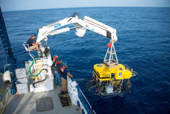 Scientists recover remotely operated vehicle ROV Hercules at the Green’s Canyon underwater oil seep.