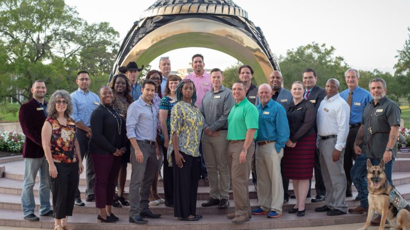 Members of the 2018 Entrepreneurship Bootcamp For Veterans class gather at the Haynes Ring Plaza.