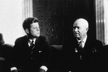 U.S. President John Kennedy talks with Russian Soviet leader Nikita Khrushchev.