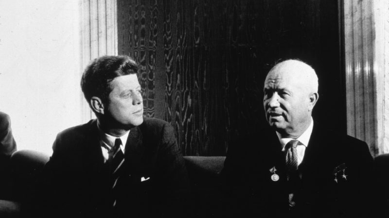 U.S. President John Kennedy talks with Russian Soviet leader Nikita Khrushchev.
