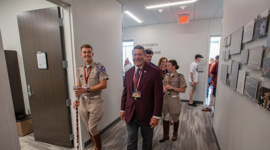 Students lead tours through the new music building on the Texas A&M campus.