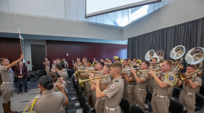 The Fightin' Texas Aggie Band plays at the opening ceremony for the Music Activities Center.