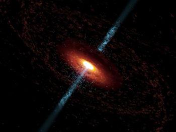 Artist impression of disk of material rotating around a supermassive black hole.