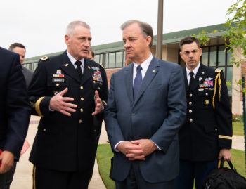 Army Futures Command Gen. John "Mike" Murray (left) visits with Texas A&M System Chancellor John Sharp 