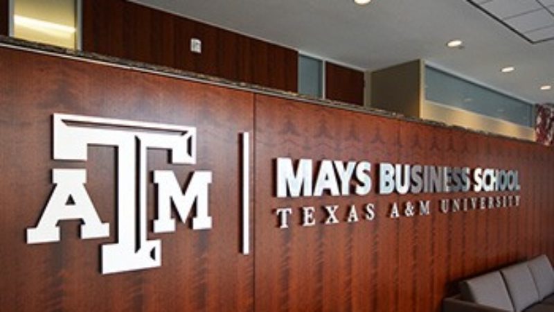 A sign that reads Mays Business School Texas A&M University