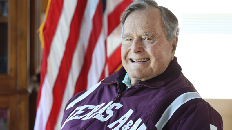 Former President George H.W. Bush wearing a Texas A&M jacket