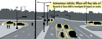 artist's rendering of self-driving vehicles on a city street