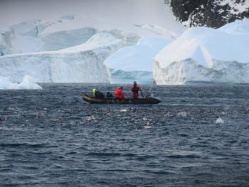 A dive team takes measurements in the waters off of Antarctica.