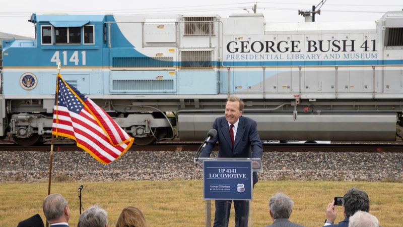 Neil Bush, the son of President George H.W. Bush and First Lady Barbara Bush, speaks at the announcement of the donation of Union Pacific 4141 to the George H.W. Bush Presidential Library and Museum.