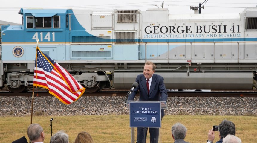Neil Bush, the son of President George H.W. Bush and First Lady Barbara Bush, speaks at the announcement of the donation of Union Pacific 4141 to the George H.W. Bush Presidential Library and Museum.
